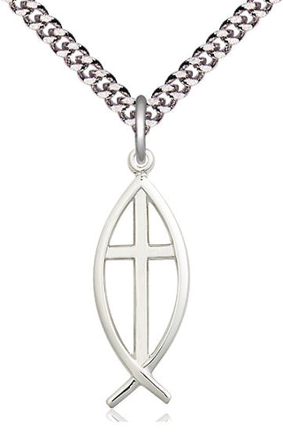 Pewter Fish Cross Medal Catholic Jewelry