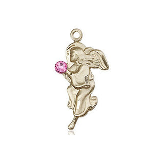 14kt Gold Guardian Angel Medal with a 3mm Rose Swarovski stone