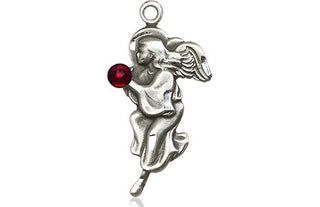 Sterling Silver Guardian Angel Pendant with a 3mm Garnet Swarovski stone on an 18-inch Sterling Silver Light Curb Chain
