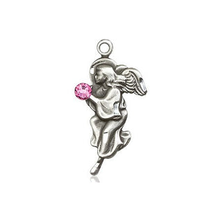 Sterling Silver Guardian Angel Pendant with a 3mm Rose Swarovski stone on an 18-inch Sterling Silver Light Curb Chain