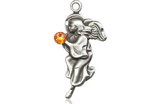 Sterling Silver Guardian Angel Pendant with a 3mm Topaz Swarovski stone on an 18-inch Sterling Silver Light Curb Chain