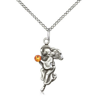 Sterling Silver Guardian Angel Pendant with 3mm Topaz Swarovski stone Necklace
