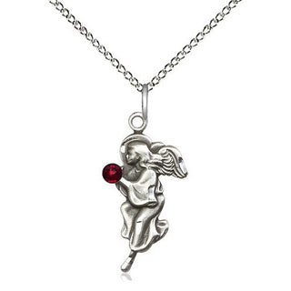Sterling Silver Guardian Angel Pendant with 3mm Garnet Swarovski stone Necklace