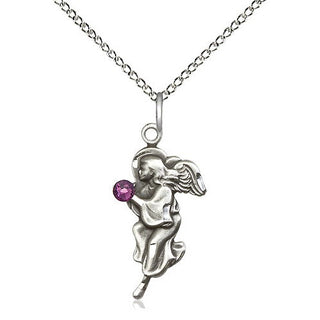 Sterling Silver Guardian Angel Pendant with 3mm Amethyst Swarovski stone Necklace