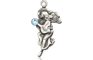 Sterling Silver Guardian Angel Pendant with a 3mm Aqua Swarovski stone on an 18-inch Sterling Silver Light Curb Chain