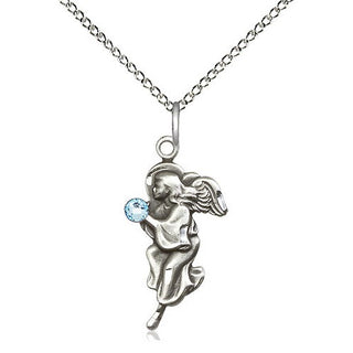 Sterling Silver Guardian Angel Pendant with 3mm Aqua Swarovski stone Necklace