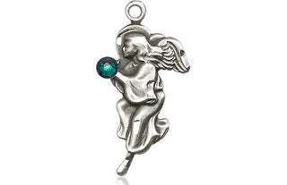Sterling Silver Guardian Angel Pendant with a 3mm Emerald Swarovski stone on an 18-inch Sterling Silver Light Curb Chain