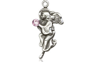 Sterling Silver Guardian Angel Pendant with a 3mm Light Amethyst Swarovski stone on an 18-inch Sterling Silver Light Curb Chain