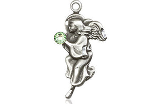 Sterling Silver Guardian Angel Pendant with a 3mm Peridot Swarovski stone on an 18-inch Sterling Silver Light Curb Chain