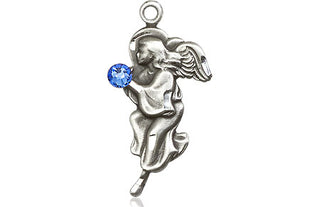 Sterling Silver Guardian Angel Pendant with a 3mm Sapphire Swarovski stone on an 18-inch Sterling Silver Light Curb Chain
