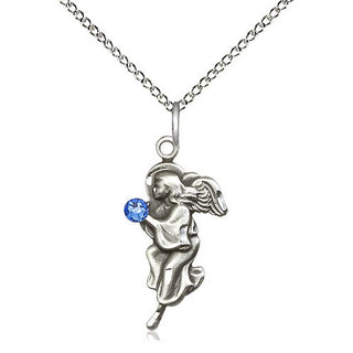 Sterling Silver Guardian Angel Pendant with 3mm Sapphire Swarovski stone Necklace