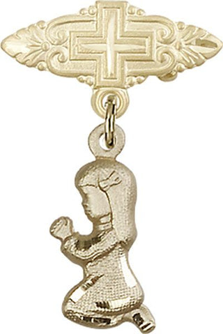 14kt Gold Badge Pin With Cross Praying Girl Baby Badge