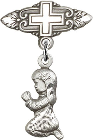 Sterling Silver Badge Pin With Cross Praying Girl Baby Badge