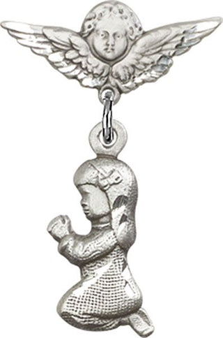 Sterling Silver Small Angel w/Wings Praying Girl Baby Badge