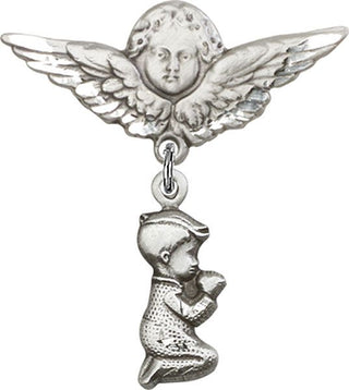 Sterling Silver Large Angel w/Wings Praying Boy Baby Badge