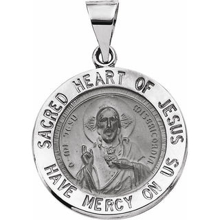 14K White 18 mm Round Hollow Sacred Heart of Jesus Medal  