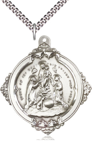 Sterling Silver Holy Rosary Pendant on an 24-inch Light Rhodium Heavy Curb Chain