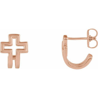 14K Rose Open Cross J-Hoop Earrings   