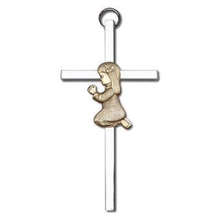 4 inch Antique Gold Praying Girl on a Polished Silver Finish Cross