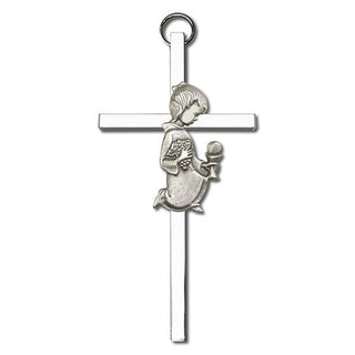 4 inch Antique Silver Communion Girl on a Polished Silver Finish Cross