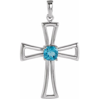 14K White Natural Swiss Blue Topaz Cross Pendant