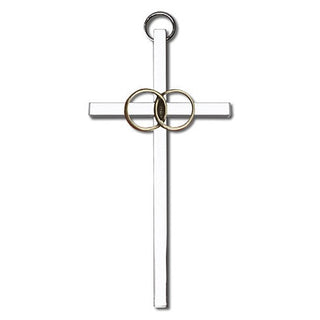 4 inch Antique Gold Wedding Rings on a Polished Silver Finish Cross