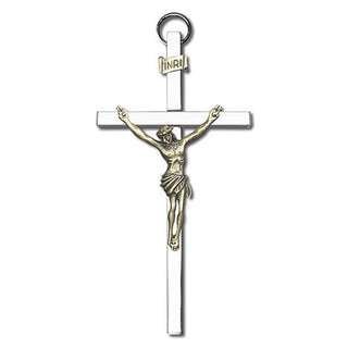 4 inch Antique Gold Crucifix on a Polished Silver Finish Cross