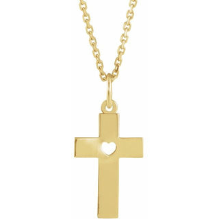 14K Yellow Pierced Heart Cross 15" Necklace 