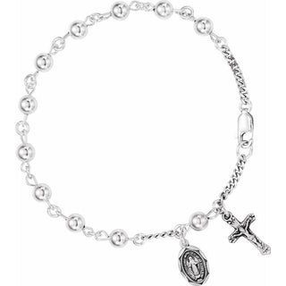 Sterling Silver Crucifix & Medal Rosary 7 1/2" Bracelet
