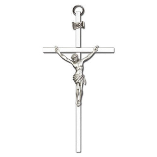 6 inch Antique Silver Crucifix on a Polished Silver Finish Cross