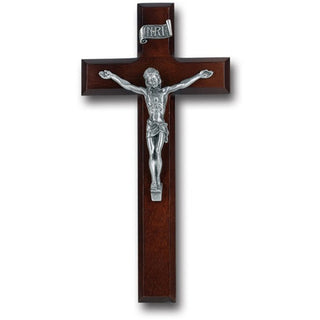10" Dark Cherry Wood Cross With Pewter Corpus
