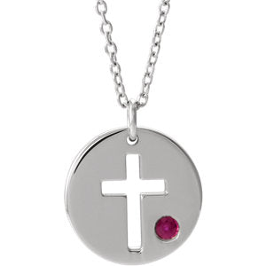 Sterling Silver Imitation Ruby Pierced Cross Disc 16-18" Necklace