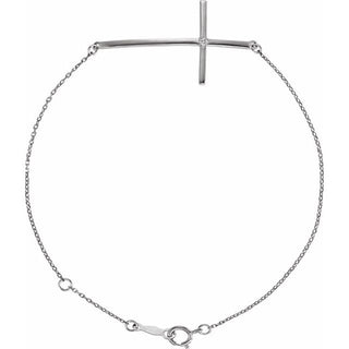 14K White .025 CT Natural Diamond Sideways Cross 7-8" Bracelet