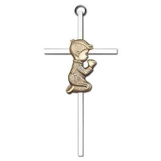 6 inch Antique Gold Praying Boy on a Polished Silver Finish Cross
