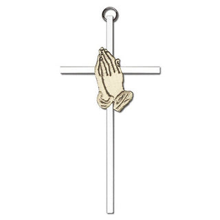 6 inch Antique Gold Praying Hands on a Polished Silver Finish Cross