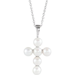 14K White Cultured White Freshwater Pearl Cross 16-18" Necklace