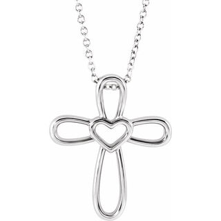 14K White Cross with Heart 16-18" Necklace 