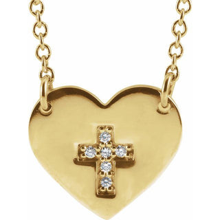 14K Yellow .02 CTW Natural Diamond Heart & Cross 16-18" Necklace 