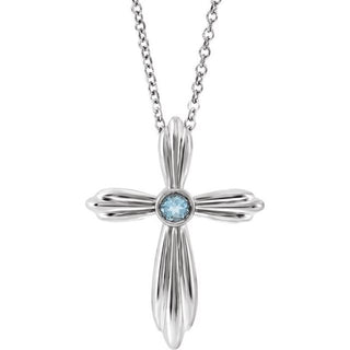 Platinum Natural Aquamarine Cross 16-18" Necklace