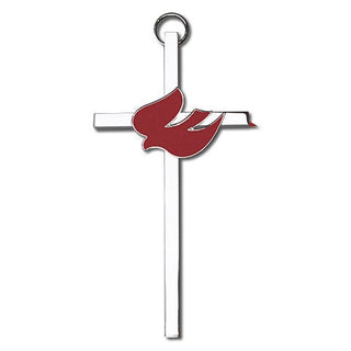 4 inch Polished Brass Red Enamel Holy Spirit on a Polished Silver Finish Cross