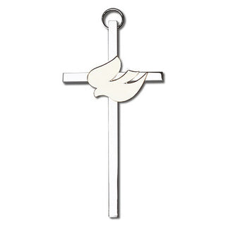 4 inch Polished Brass White Enamel Holy Spirit on a Polished Silver Finish Cross