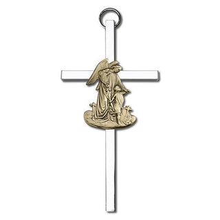 4 inch Antique Gold Guardian Angel on a Polished Silver Finish Cross