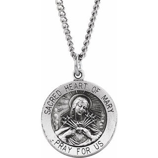 Sterling Silver 18 mm Round Sacred Heart of Mary 18" Necklace