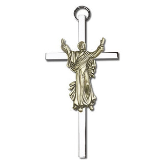 4 inch Antique Gold Risen Christ on a Polished Silver Finish Cross
