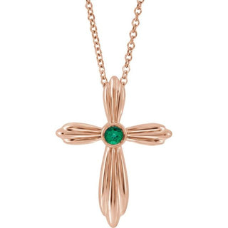 14K Rose Lab-Grown Emerald Cross 16-18" Necklace