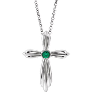 14K White Natural Emerald Cross 16-18" Necklace