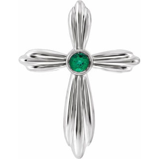 14K White Lab-Grown Emerald Cross Pendant