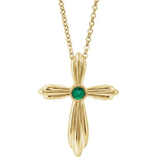 14K Yellow Natural Emerald Cross 16-18" Necklace  