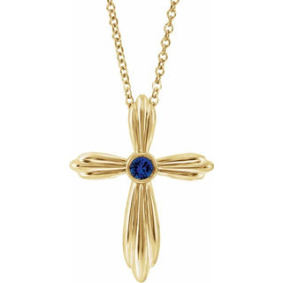 14K Yellow Natural Blue Sapphire Cross 16-18" Necklace