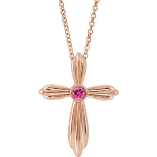14K Rose Natural Pink Tourmaline Cross 16-18" Necklace